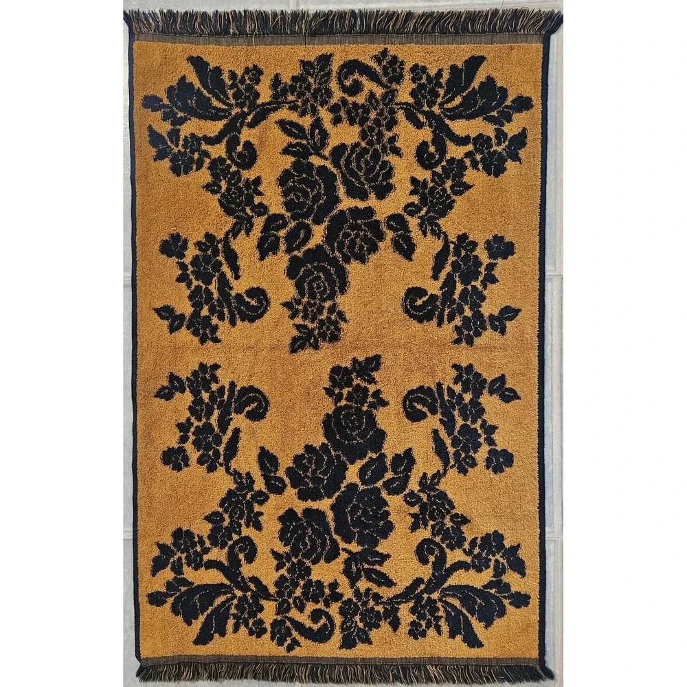 Vintage Fieldcrest Floral Rose Bath Towel Black Gold Fringed Reversible 25x40